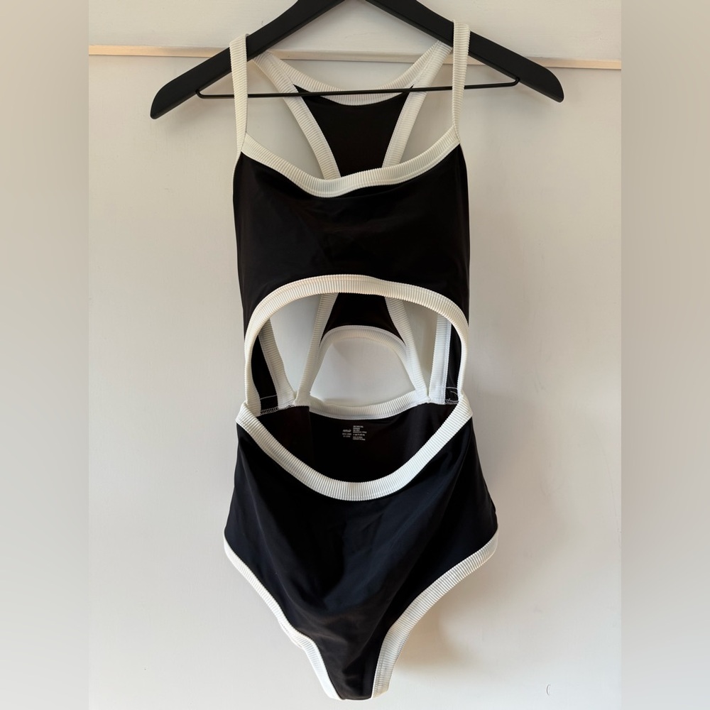 aerie One Piece Swimsuit with Cut Outs | B&W, M Long